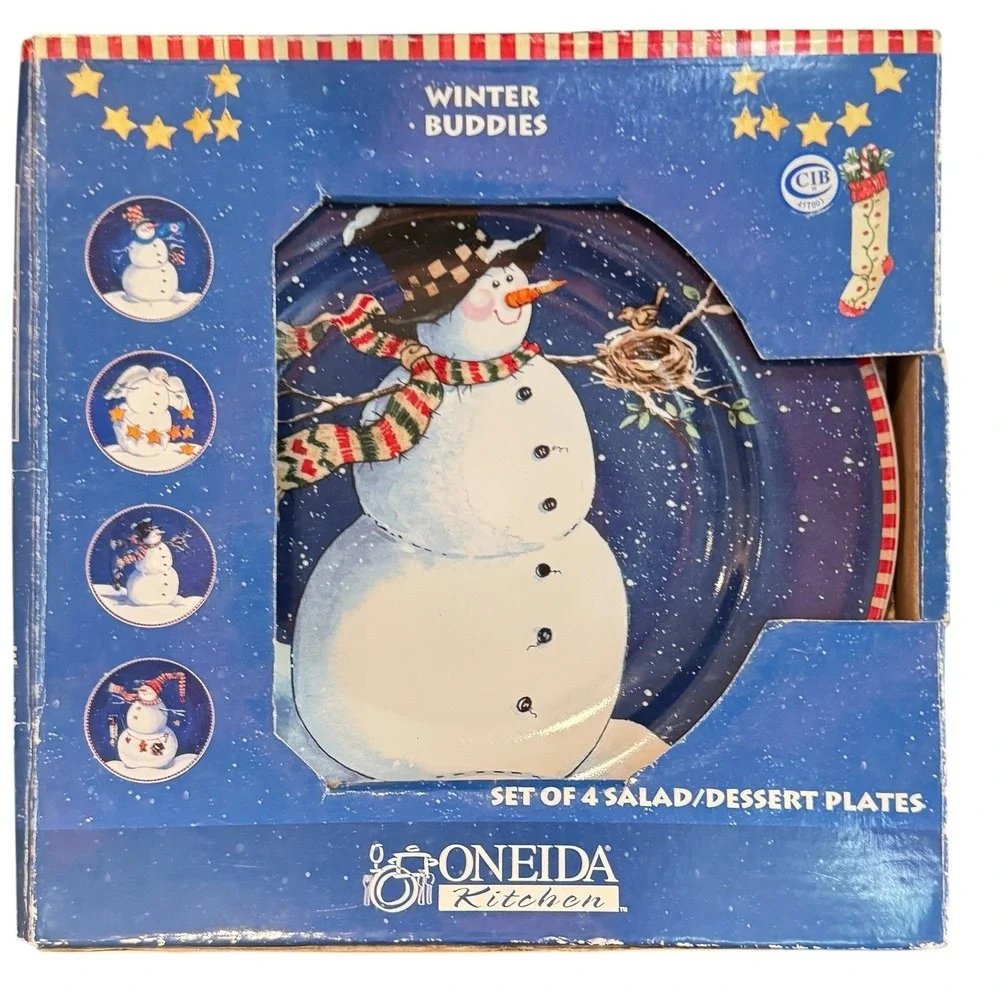 Oneida Kitchen Winter Buddies Salad Dessert Plates Set of 4 Snowman Blue